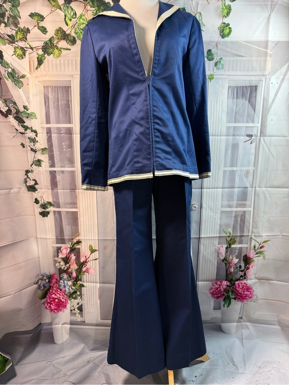 1169-Vintage limited edition Navy Sailor-Trim Wide-Leg Pantsuit by Norman Todd